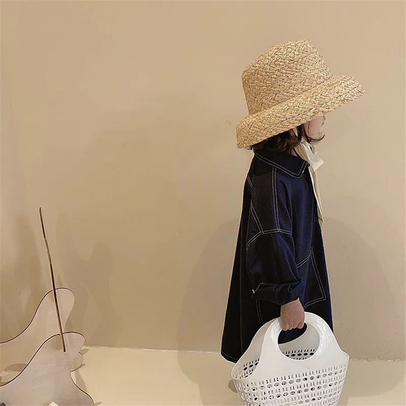 12-hh6008 ins chic farmhouse style SUMMER LONG RIBBON kids HANDMADE RAFFIA grass head size cap children leisure hat