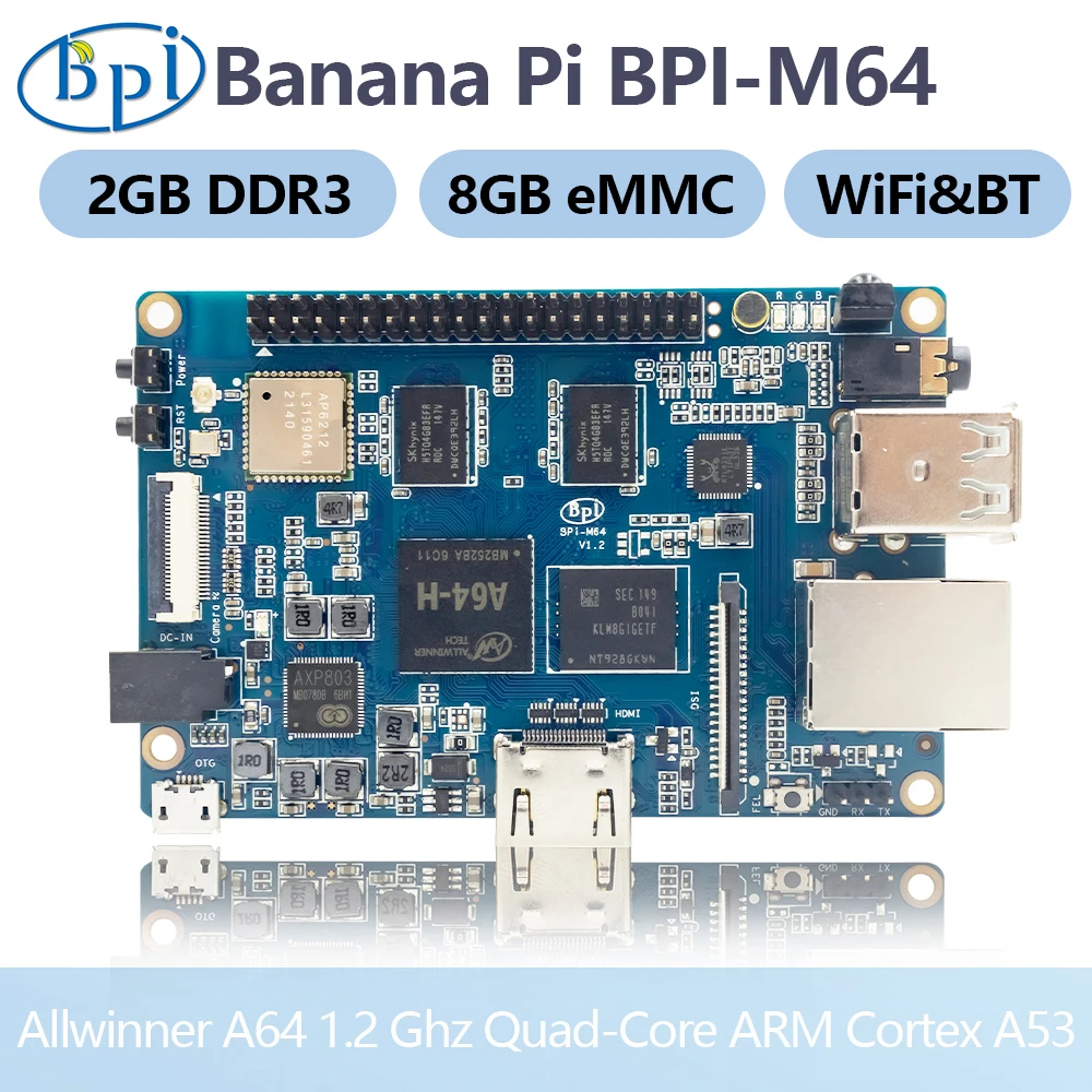 

Banana Pi BPI-M64 Allwinner A64 2GB DDR3 8G eMMC Quad Core Processor Motherboard SBC Single Board Support Linux Raspberry Pi