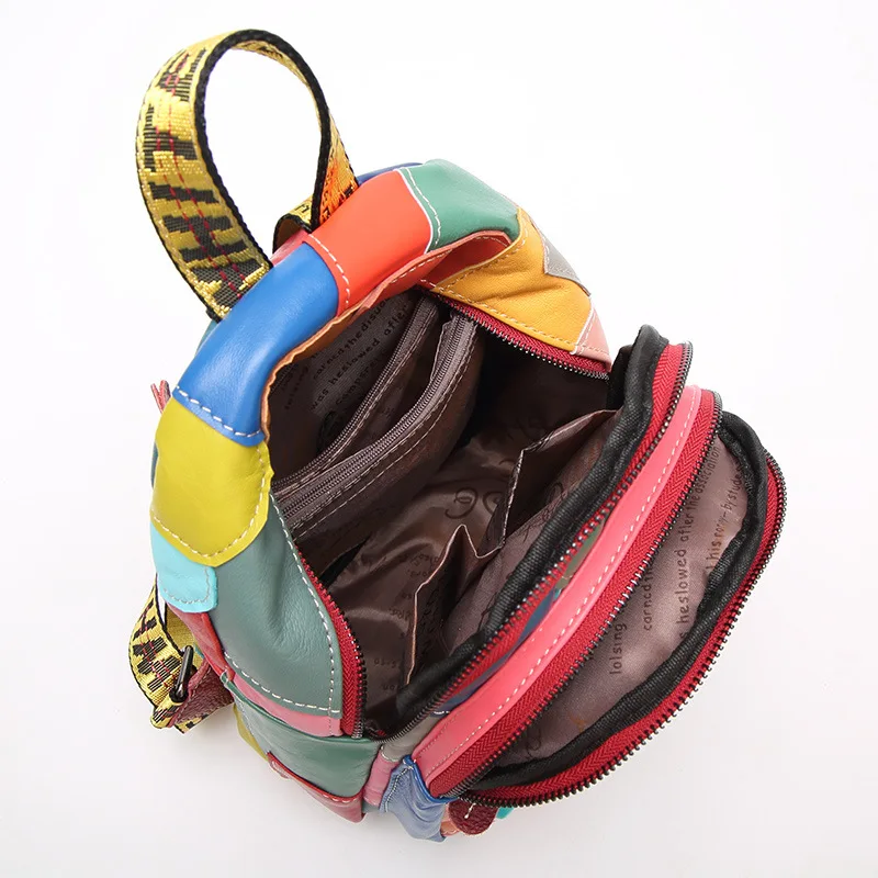 Women's Backpack Soft Genuine Sheepskin Leather Girls Patchwork Portable Colorful Street Travel Bags 5