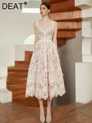 DEAT Elegant Dress Slip Embroidery Sleeveless Backless Mesh Wavy Edge A-line Women's Dresses 2024 Spring New Fashion 13DB596