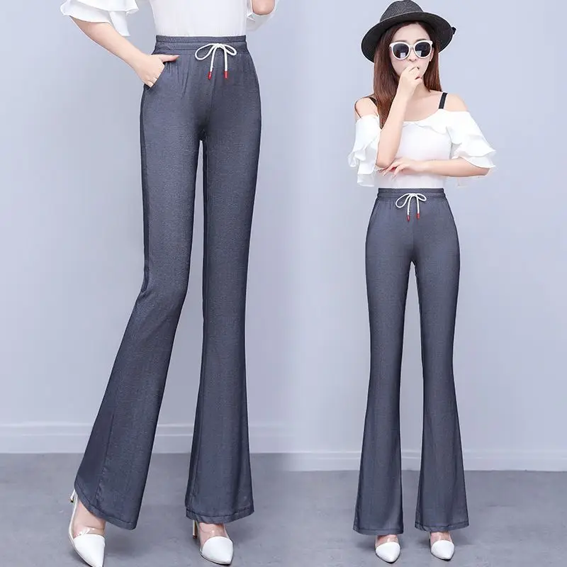 Free Shipping Thin Office Lady Casual Pants Loose Korean Fashion Lace-up High Waist Elastic Solid Women Wide Leg Flare Trousers