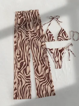 Women's Zebra Stripe Print 3 Piece Swimwear Set, Halter Triangle Bikini with High Waist Cover Up Pants 1