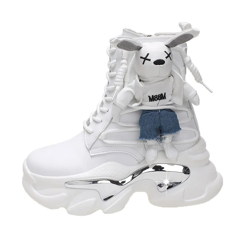 

2023 Women Boots Platform High Top Fashion Booties Side Zipper Lace-up Versatile Warm Botas Cartoon Animal Decoration White Shoe