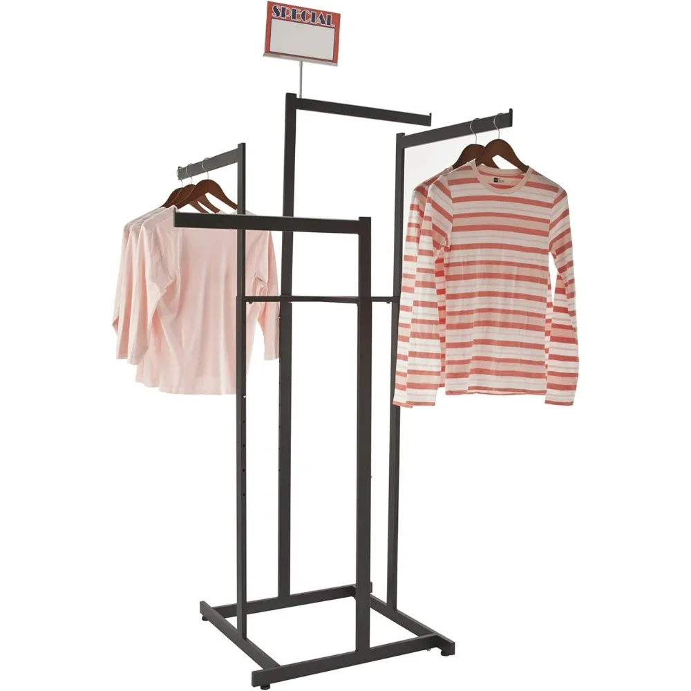 Adjustable 4-Way Garment Rack with Straight Arms, Rectangular Tubing, and Matte Black Finish