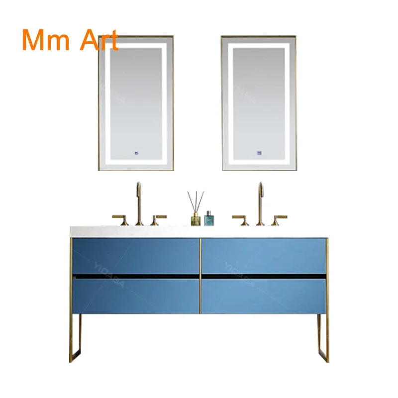 Blue double bathroom vanity set artificial stone wash top large capacity storage cabinet color and size