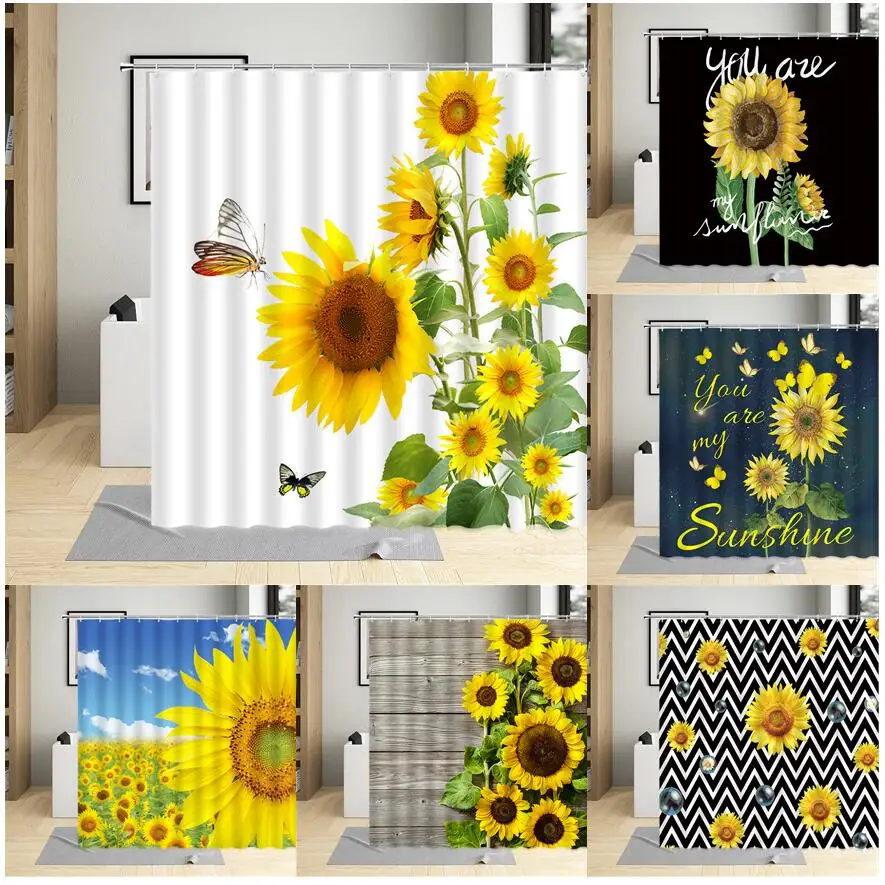 

Butterfly Sunflower Shower Curtains Nature Yellow Flowers Creative Grey Wooden Board Rural Plant Polyester Fabric Bathroom Decor