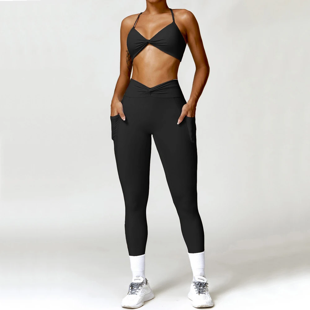 Fitness Twist Sport Bra Yoga Set Women High Waist Workout Pocket Leggings Female Pant Tracksuit Gym Active Suits XS-XL 1/2PCS