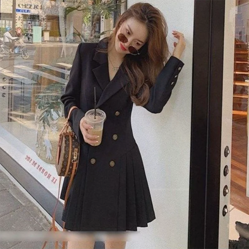 4XL Women's Fat mm Hepburn Double breasted Blazer Suit Dress Autumn and Winter Waist Shrinking Long Sleeve Pleated Dress Orange