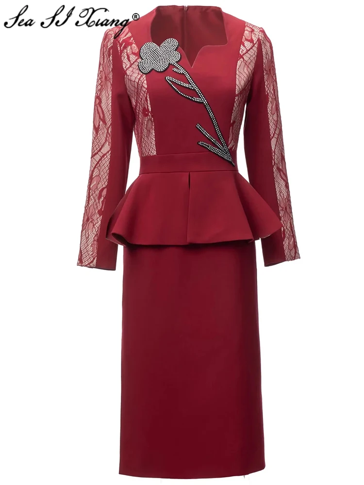 

Женское платье-карандаш с квадратным вырезом, длинным рукавом и цветочным кружевом