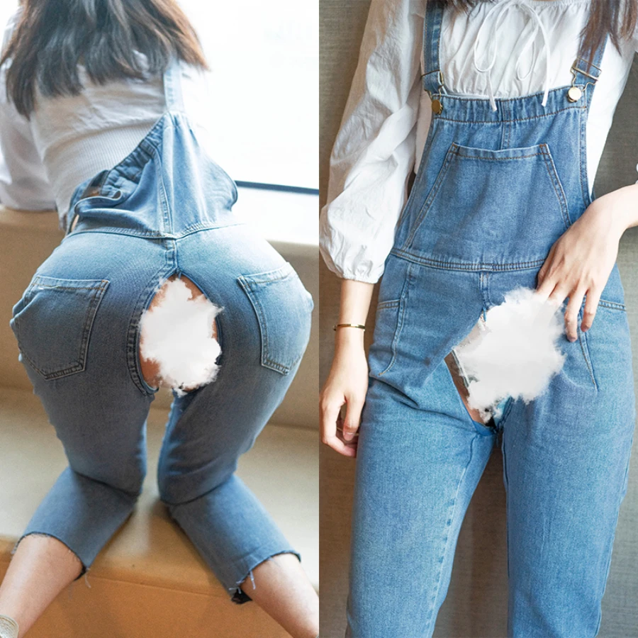 Outdoor Sex Jumpsuit Womens Open Crotch Jeans Pants Overalls Fetish Wear Crotchless Romper Female Sexual Exotic Clothes