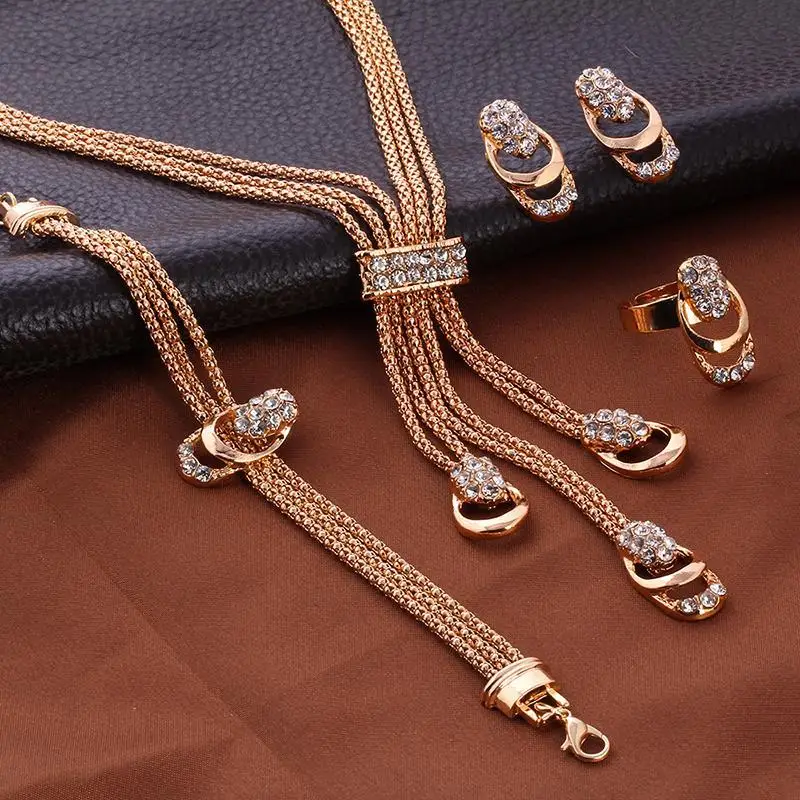 Jewelry sets 4Pcs Rings Necklace Earrings Bracelet Golden Jewelry For Women