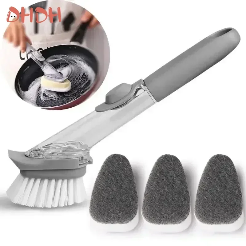 Kitchen Specific Press Type Long Handle Washing Pot Brush Refillable Liquid Cleaning Brush Non-Stick Oil Liquid Adding Pot kitchen pot brush kitchen cleaning brush kitchen cleaning tool