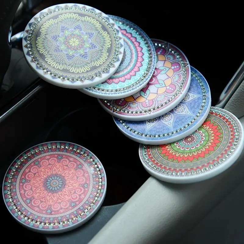 

Car Coasters With Flower Pattern And Rhinestones Mat For Bottle Holder Coaster Anti-Slip Drink Coasters Car Interior Accessory