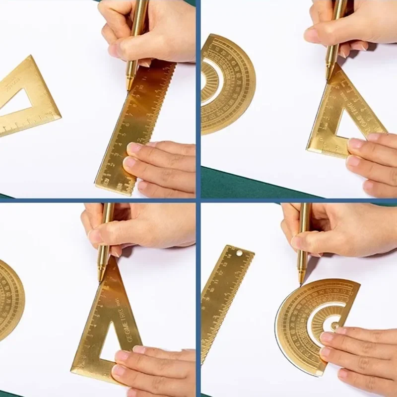 Metal Brass Straight Ruler Vintage Triangle Protractor Measuring Tool Painting Drafting Supplies Korean Stationery Office