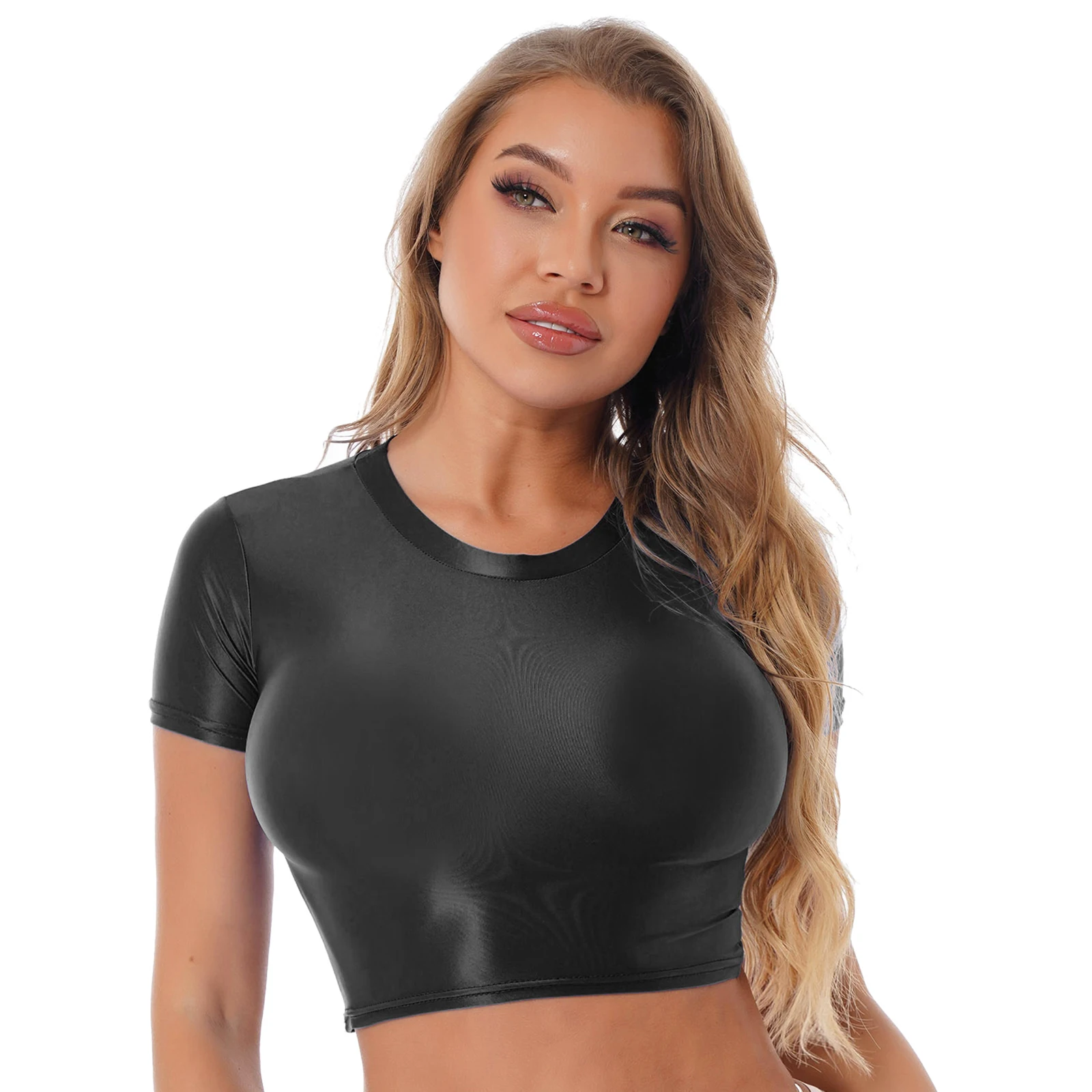 WomensFemmeCamisSportsFitnessSmoothShortSleeveCropTopSolid