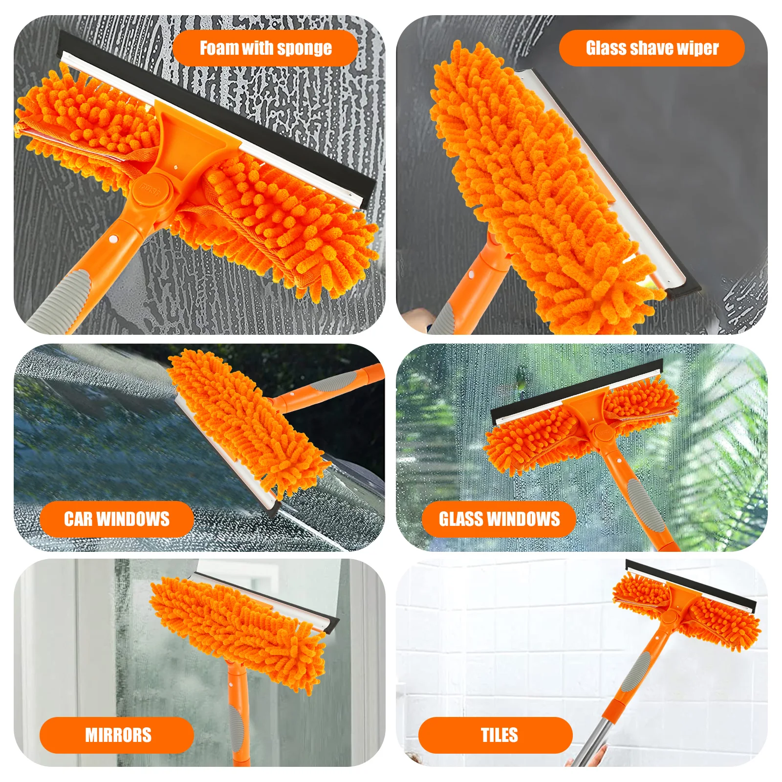2-in-1 Window Squeegee With Extension Pole - Multifunctional Glass Cleaner For Shower Doors, Cars & High Windows