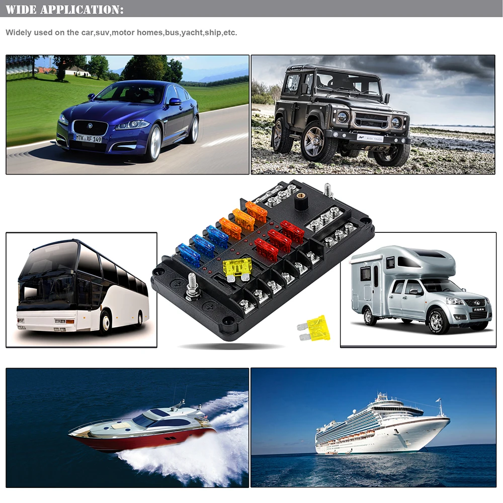 EARU Car boat fuse box bracket Tools small black cap independent positive and negative poles 12 in and 12 out fuse box with LED - Image 6