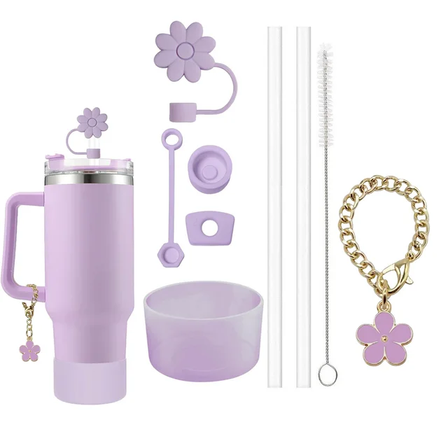 9pcs Accessories Set for Stanley Cup - Spill-Proof Stoppers, Straw Covers, Boot, Straws, Brush, and Flower Charm Chain 4