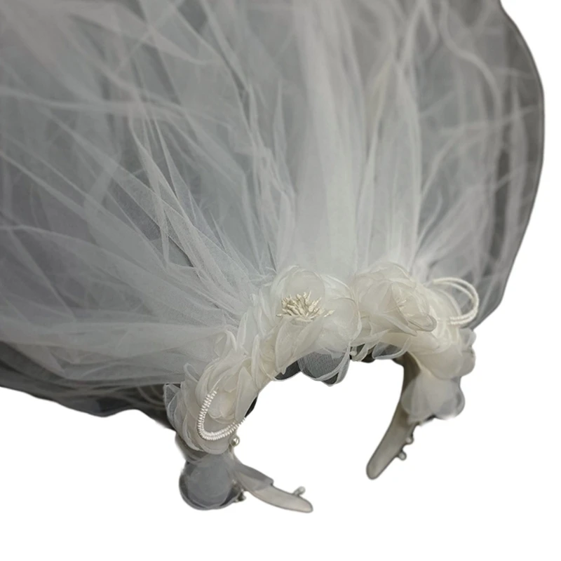 

E15E Delicate Bride Layered Veil Headpieces with Beadwork Flower Wedding Bride Veil Tulle Gorgeous Bride Wedding Party Veil