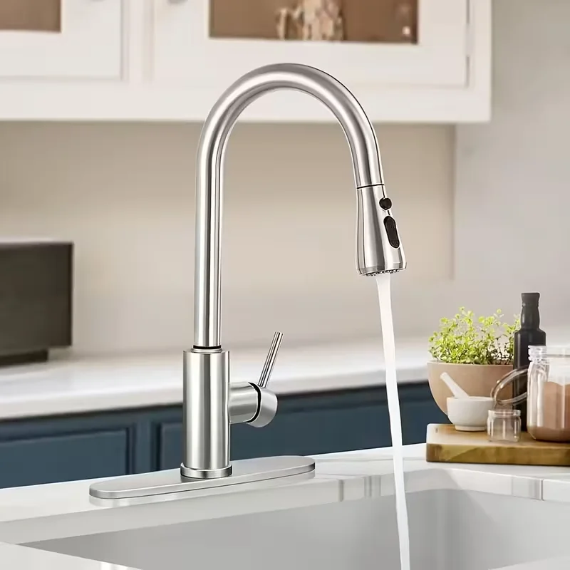 1pc Kitchen Faucet with Pull-Down Spray Single Handle High Arc Commercial Stainless Steel Brushed Nickel Kitchen Sink Faucet
