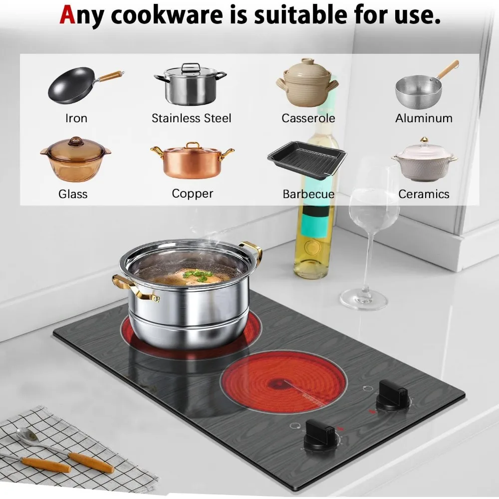 Electric Cooktop 2 Burners, 110v Portable Electric Stove Top with Knob, Glass Cooktop, Beautiful Woodgrain Pattern, Built-in