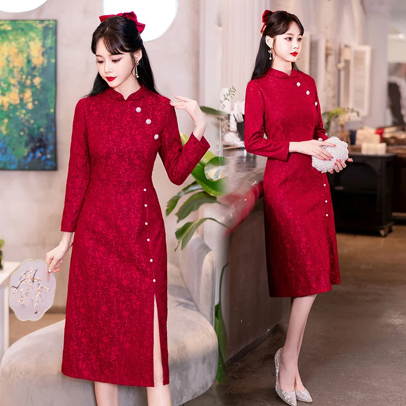 

Vintage Chinese Traditional Wedding Qipao Dress Modern Improved Long Sleeve Red Cheongsam Women's Clothing