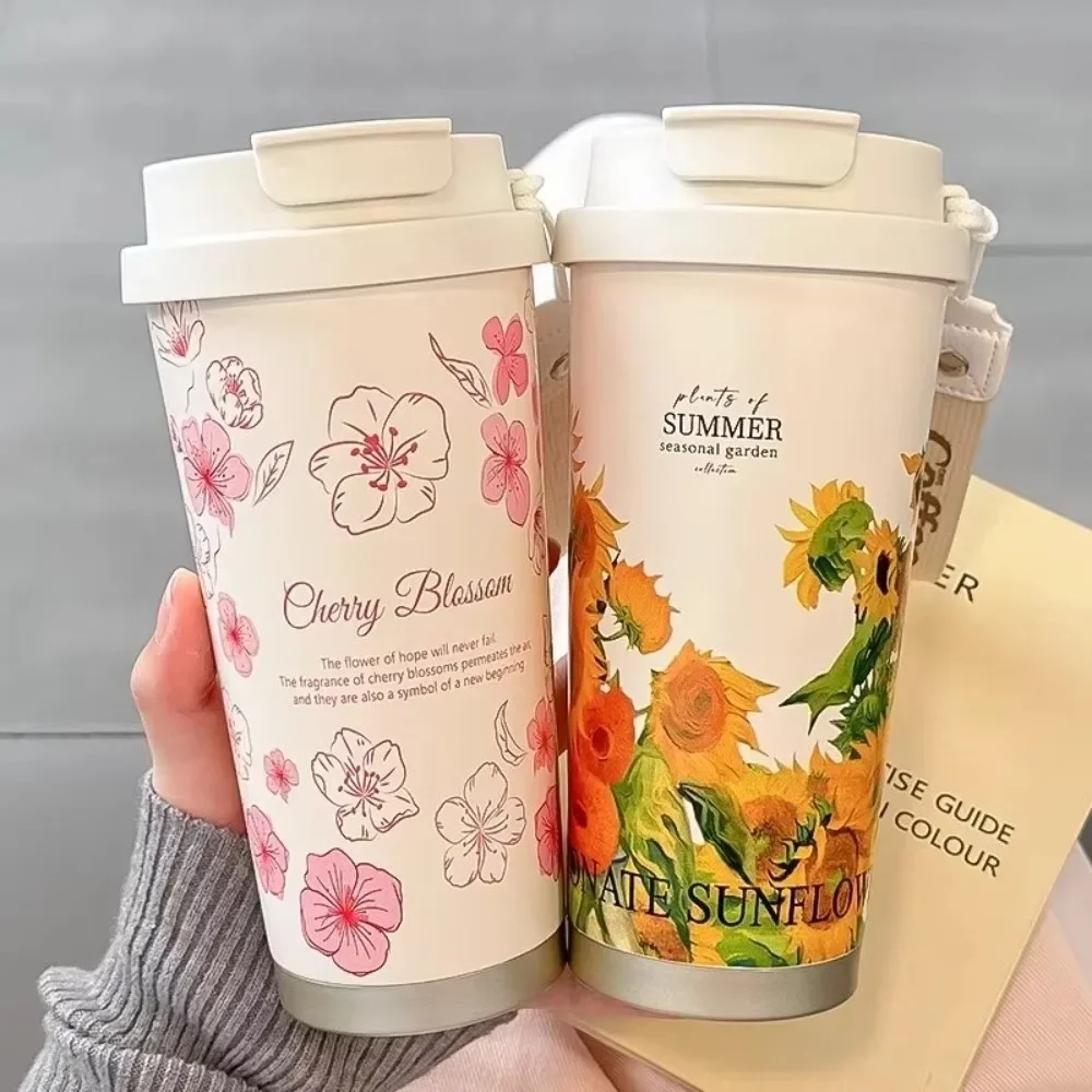 Large Capacity 500ml Portable Insulated Stainless Steel Coffee Mug with Lanyard