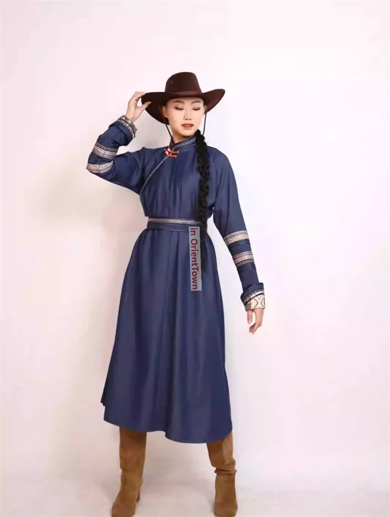 Ulan Bator Trend Denim Mongolia Popular Diagonal Collar Robe Dress Long Sleeves Traditional Women's Mongolian Blue Gown TP013