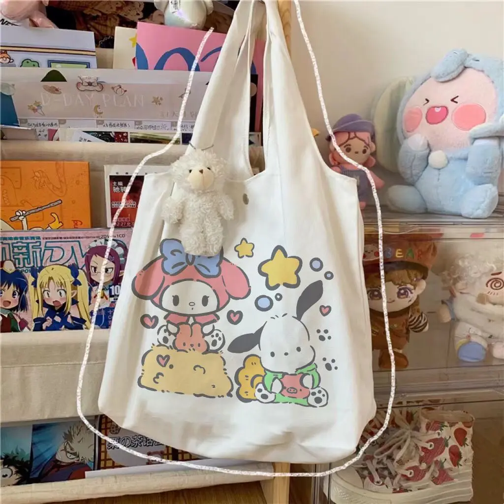 

New My Melody Pochacco Sanrio Cartoon Canvas Bag Wide Shoulder Strap Cute Anime Shoulder Bag Large Capacity Girl Toy Gifts