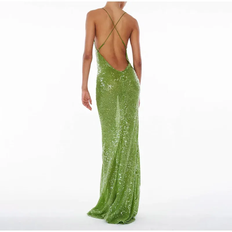 Green Sequin Glitter Backless Maxi Dress For Women Sexy Swing Collar Sleeveless Skinny Long Vestidos Elegant Night Party Robe