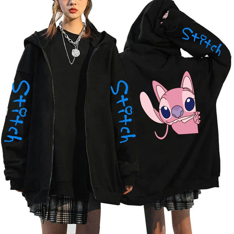 Oversized Sweater Women's Clothing Free Shipping Disney Lilo & Stitch Pattern Zip-Up Hoodies Autumn Winter Long Sleeve Warm Coat 3