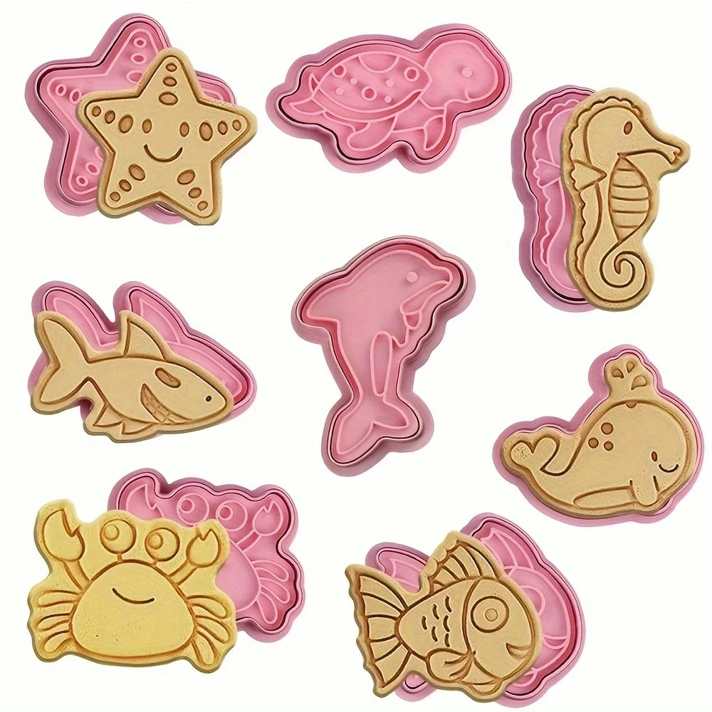 8Pcs Set Cookie Cutter Stamp Cartoon Marine Animals Fish Shape Biscuit Mold Confectionery Kitchen Baking Pastry Tools