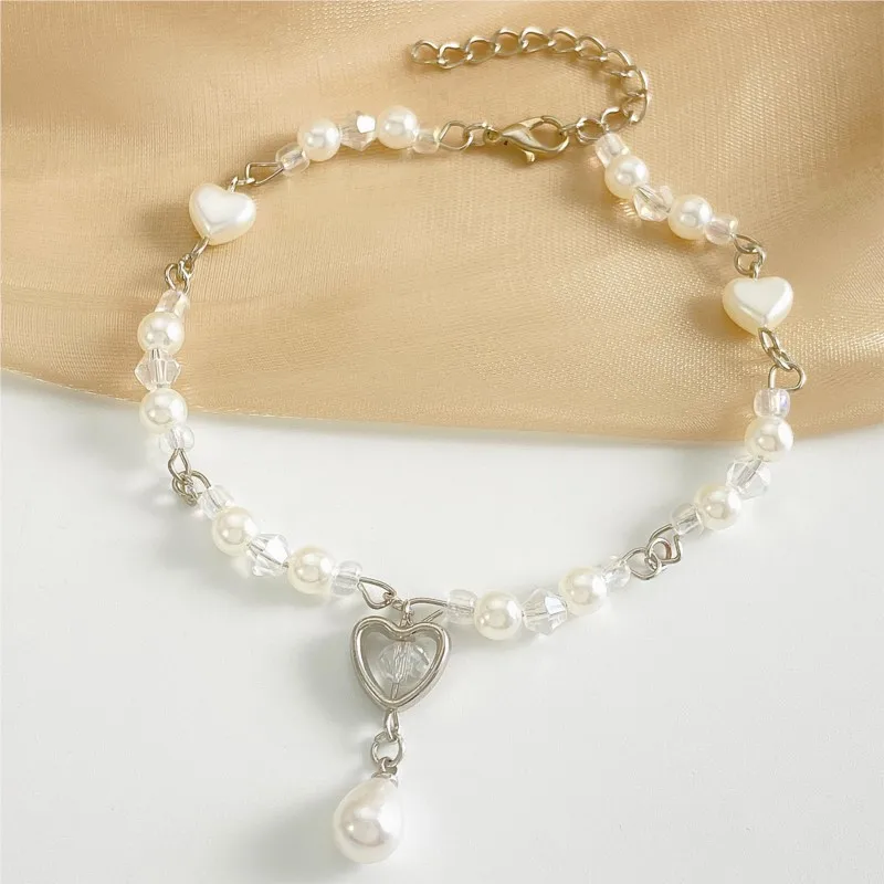 Elegant Pearl Splicing Heart Charm Chain Pendant Necklace Bracelet Jewelry Sets for Women beaded Statement Jewelry