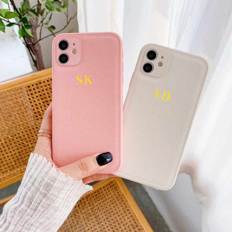 Custom Personalized Gold Initial Name Leather Case For Iphone 13 12 11 Pro Max X Xs Xr 7 8 Plus Full Lens Protection Phone Cover