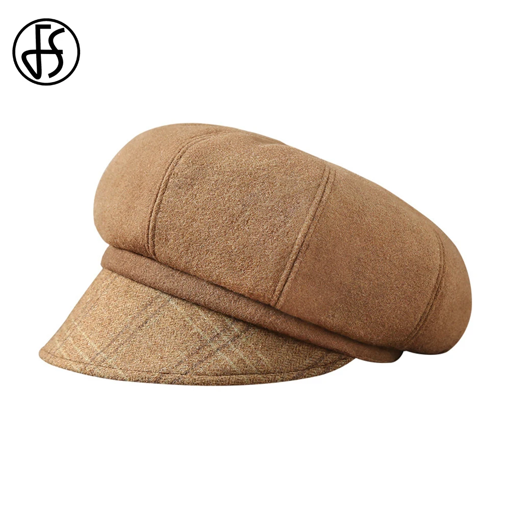 

FS Camel Beret Fashion Pleated Hats For Women Autumn Winter Ladies Outdoor Windproof Warm Cap Female Wool Felt Fedoras