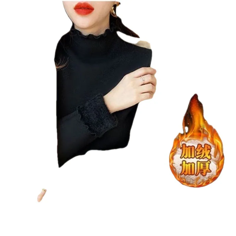 2023 Korean Padded Thickened Bottoming Shirt Female Fall and Winter New Half-high Neck Warm Hundred T-shirt Tops