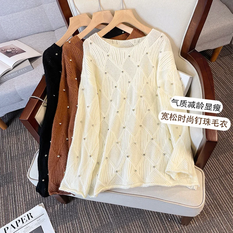 

Korean Fashion Beaded Loose Long-sleeved Sweater Women 2023 Autumn New Hollow-out Casual All-match Knitted Tops