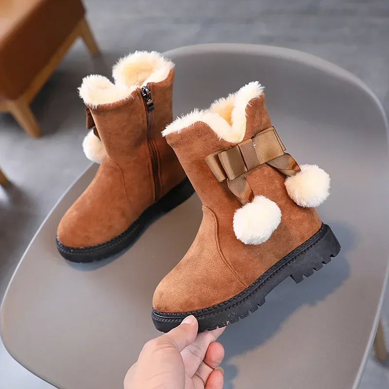 Fashion Girls Cotton Boots Winter Kids Princess Snow Boots Sweet Hairball Bowknot Warm Children's Fluffy Ankle Boots Versatile