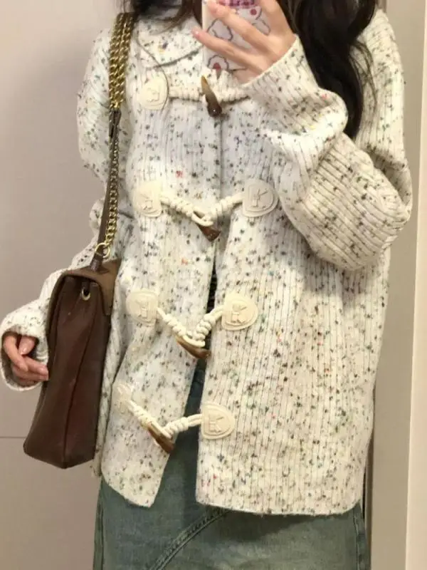 

Knit Cardigan Sweater for Women Autumn-winter Horn Buckle Loose and Thickened Sweater Coat