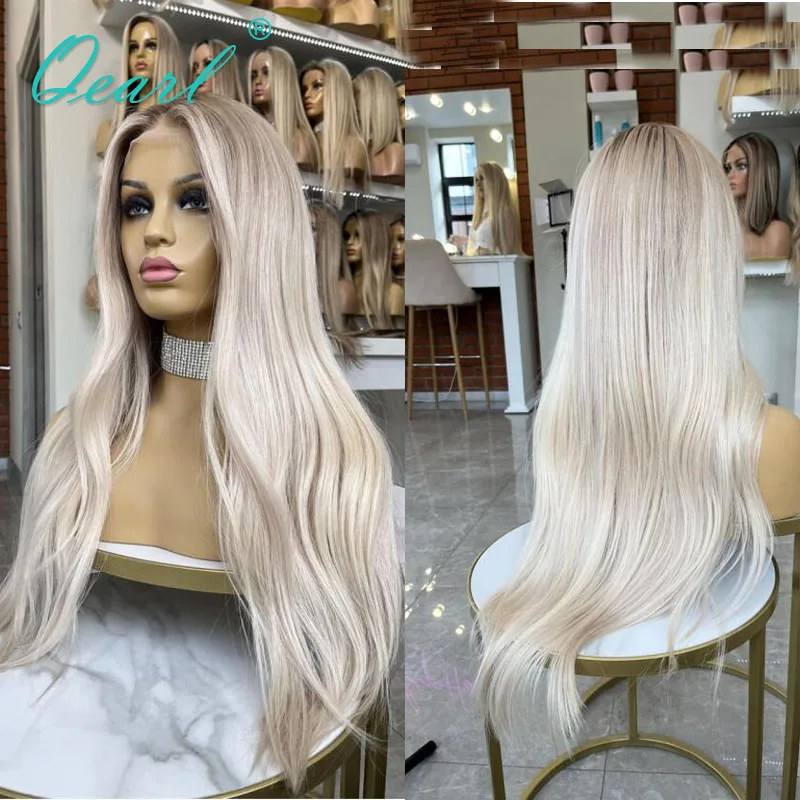 

13x6 Lace Frontal Wig Icy White Blonde with Ashy Highlights Real Human Hair Wigs HD 28" Long Wavy Lace Wig Sale 180% Thick Qearl