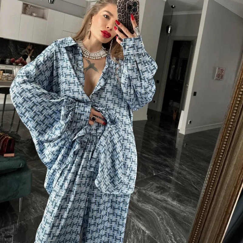 

Personal Y2K Letter Printed Pants Suit Spring and Summer Women's Loose Fit Quick Drying Single Breasted Shirt Wide Leg Pants Set