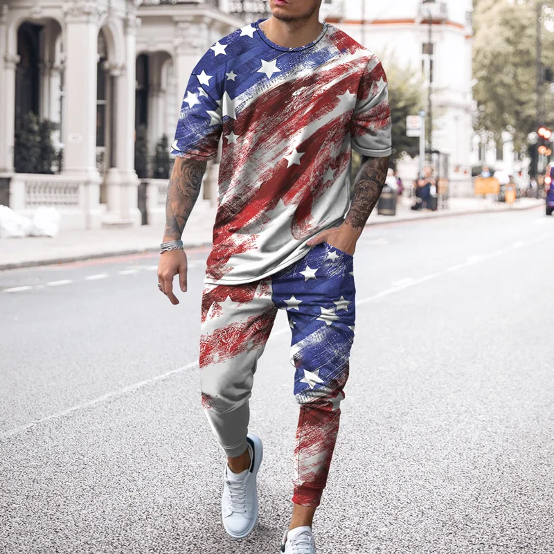 American flag 3D printed Short Sleeve T Shirt Long Pants 2 Piece Sets Casual Trend Oversized Clothing 2022 Summer Men Tracksuit