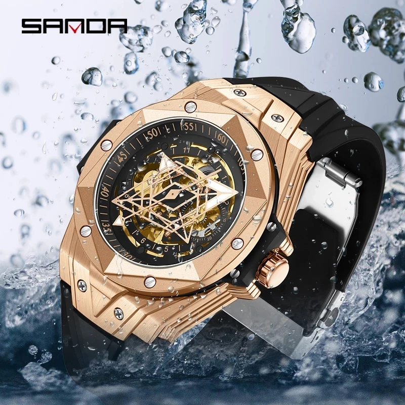 SANDA Fashion Rose Gold Case Cool Dial Automatic Mechanical Watch Real Men's Watch Luminous 50M Waterproof Fashion Watch 7014