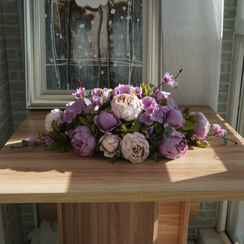 

Custom luxury DIY wedding decor table flower runner artificial flower row arrangement table centerpieces rose peonies green leaf