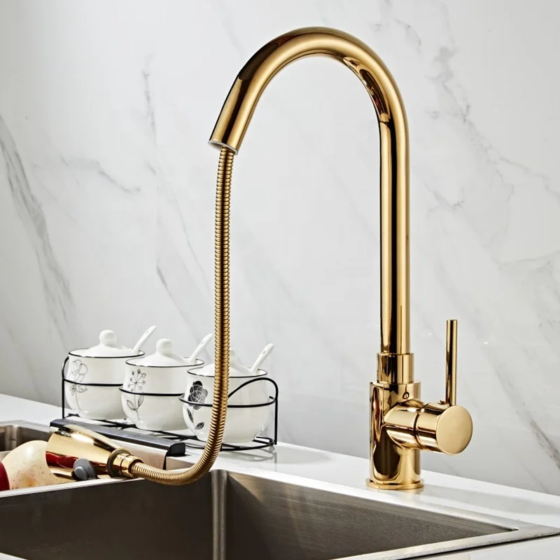 

Modern Design Golden Kitchen Sink Faucet Single Handle Pull Out Multifunctional Cleaning 360 Spinning