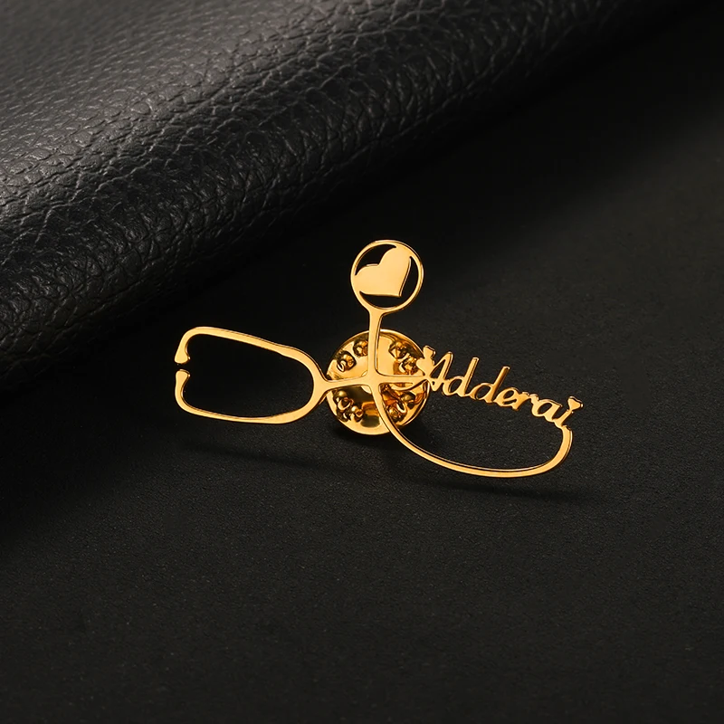 

Personalized Customized Name Brooches For Women Gold Color Stainless Steel Letter Stethoscope Pin Badges Broochs Wedding Jewelry