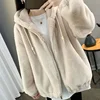 Women's Double-Sided Fluffy Jacket Loose Thick Warm Zipper Coat with Hood Polyester Fiber Full Sleeve Regular Type