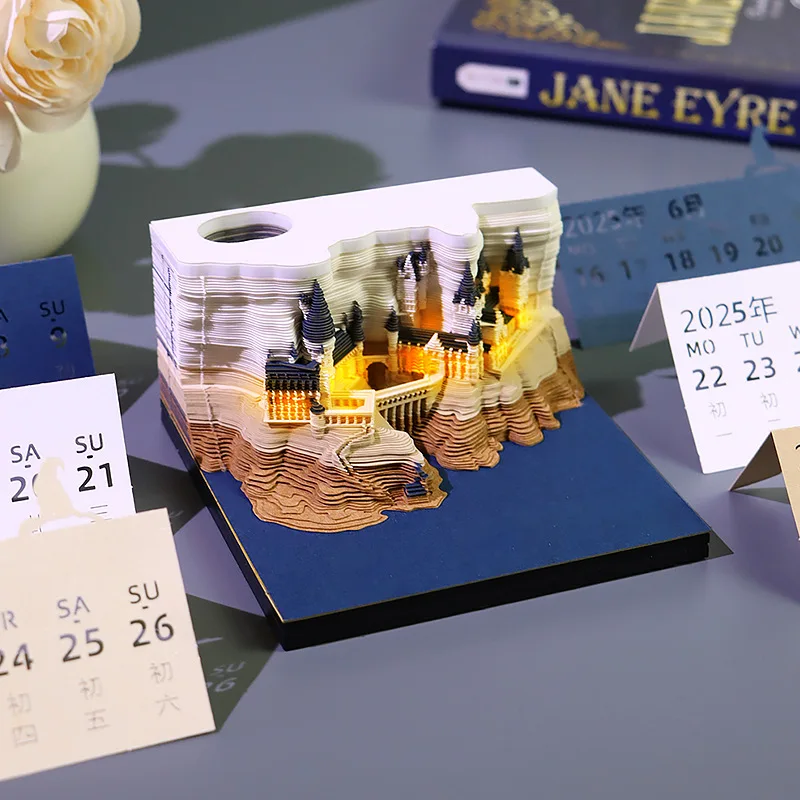 2025 3D Castle Paper Sculpture Desk Calendar Magic Castle Memo Pad Tear-Away Notepad DIY Craft Gifts for Home Office School