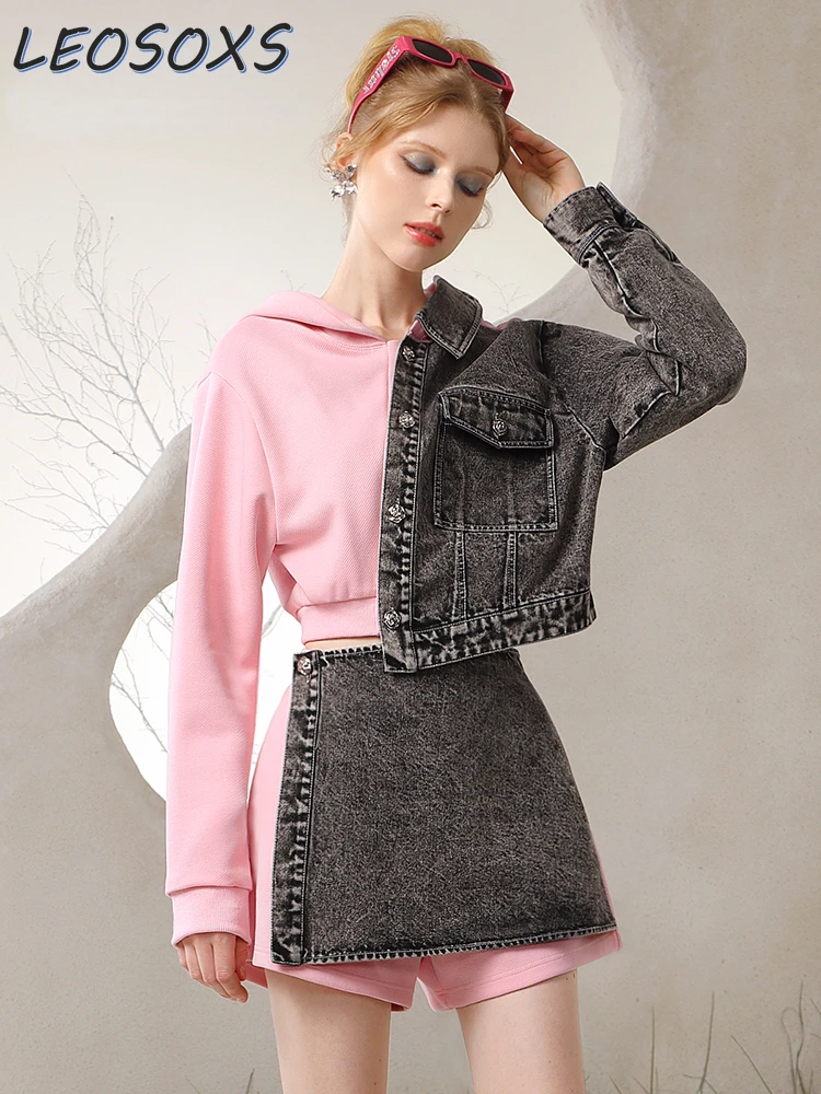 Sweet Cool Sweatshirt Denim Stitching Shorts Skirt Set 2023 Autumn Winter New Hooded Gray Pink Skirt Shorts Women Culottes Suit
