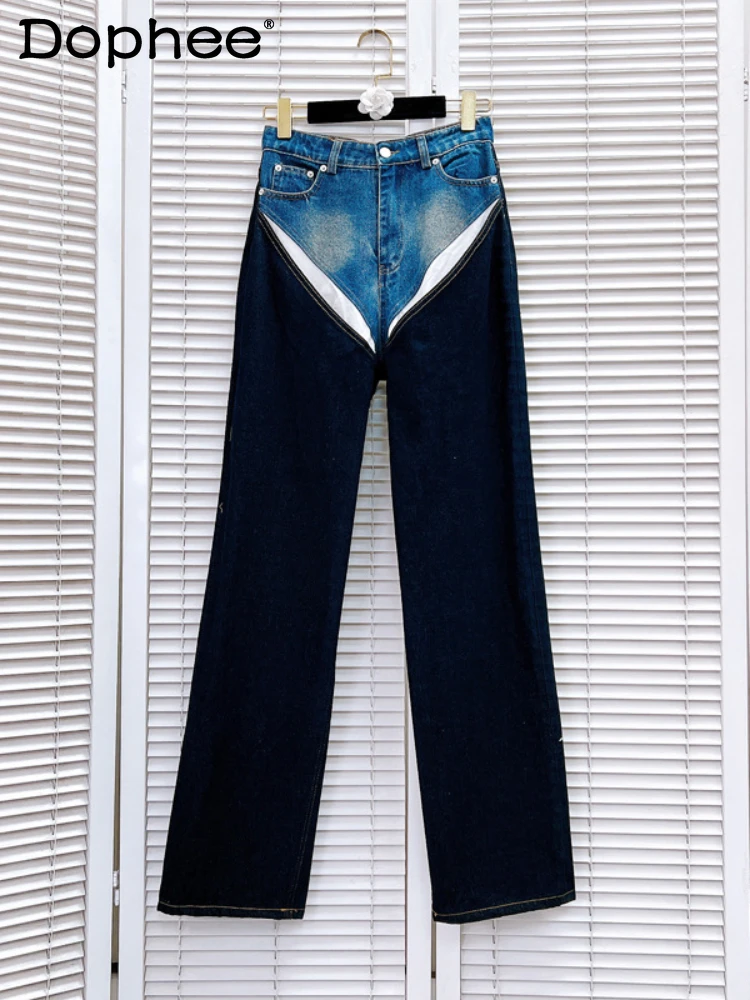 

European American Street Style Straight High Waist Jeans Female 2024 Spring Autumn Color Contrast Patchwork Blue Women Jeans